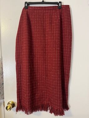 Classic Red Plaid Midi Skirt with Fringe Hem